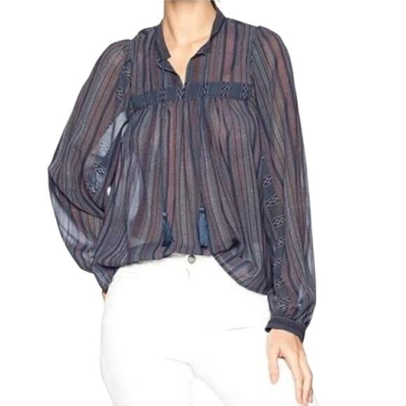 Lucky Brand Blue Balloon Sleeve Border Peasant Top Size S - Picture 1 of 9